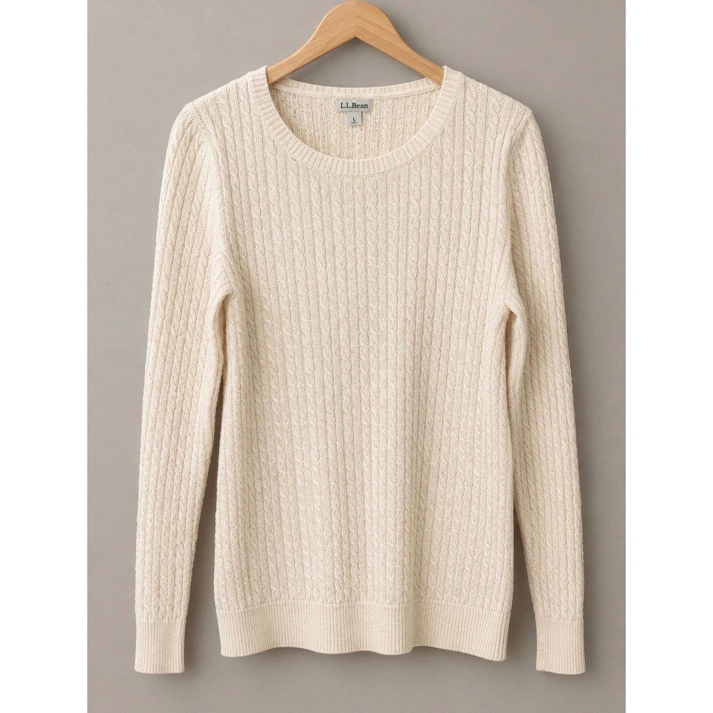 LL Bean Womens Cream Cable Knit Cotton Merino Wool Sweater Large 500635
